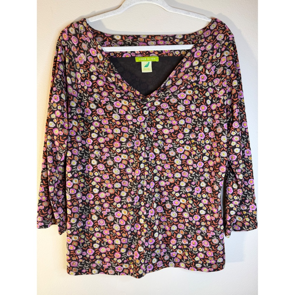 Sigrid Olsen Floral Blouse 1X Boho Abstract Retro V Neck 3/4 Sleeve Top